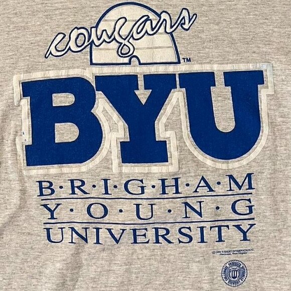 Vintage SINGLE STITCH BYU Cougars NCAA college t shirt gray blue rare grail L - Picture 4 of 9